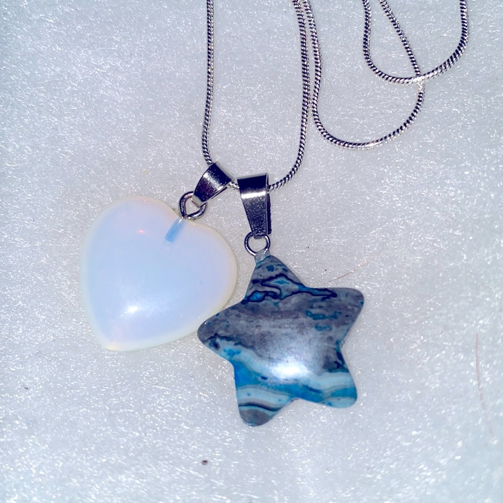 Boho hippie blue agate star ⭐️ and Opal heart sterling silver necklace …